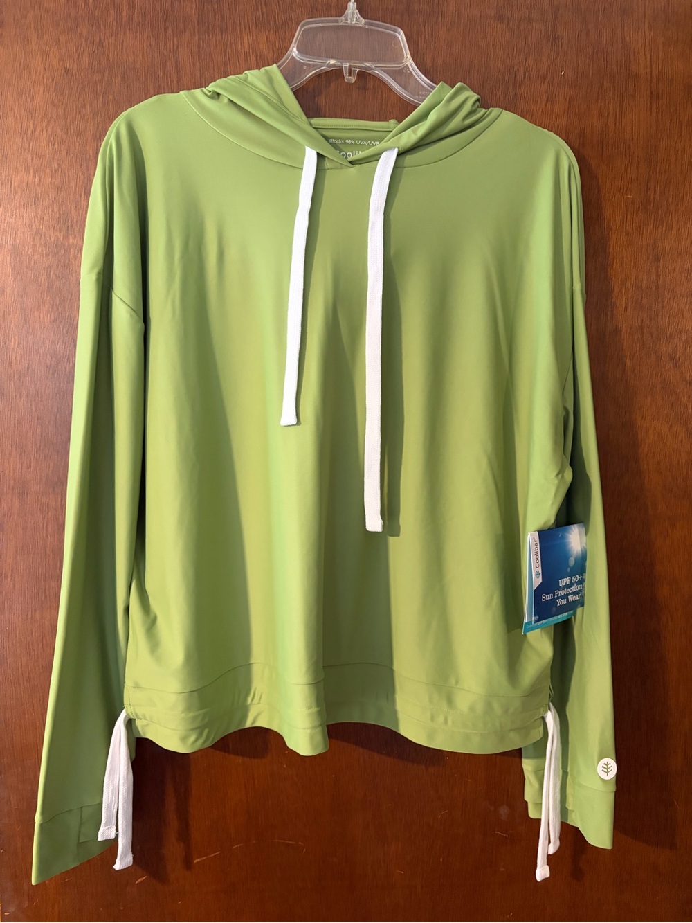 Coolibar Waikal Swim Sun Hoodie Large Lime Green White Drawstrings NWT